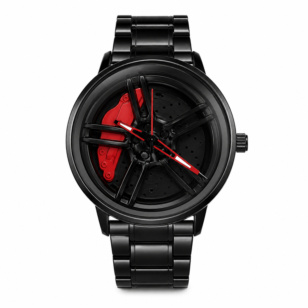 Sporty Black Metal Watch with Red Dial
