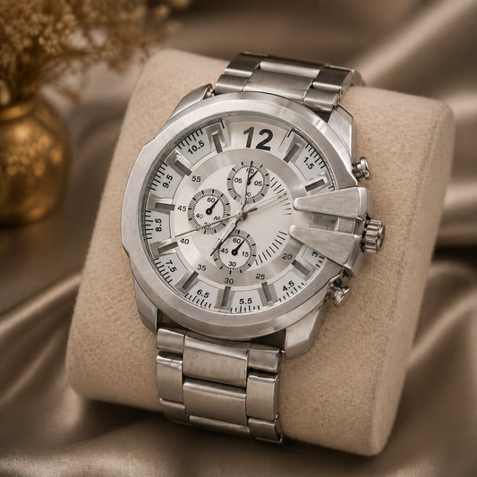 Bold silver dial watch with metal strap and chronograph-style design.
