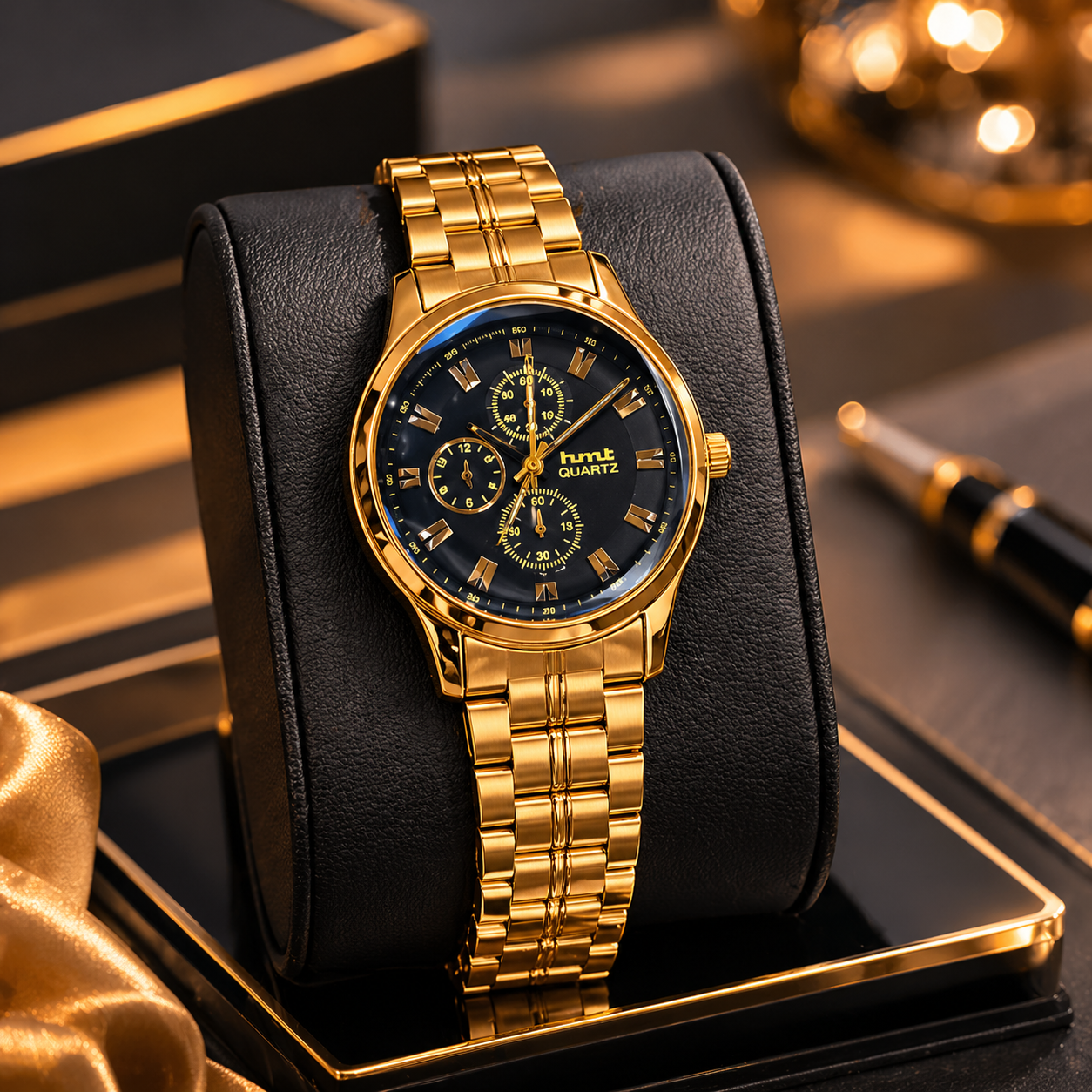 Luxury Gold Metal Strap Blue Dial Watch